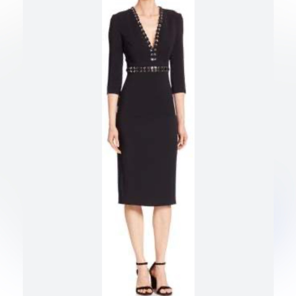 Michael Kors Collection Elegant Black V-Neck Dress with Silver Gromet Detail 12